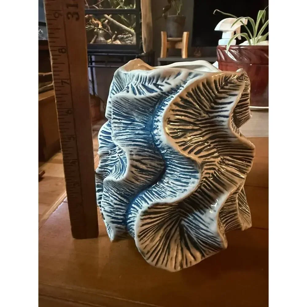 Bloomingville Sculptural Blue & White Ceramic Leaf Vase
